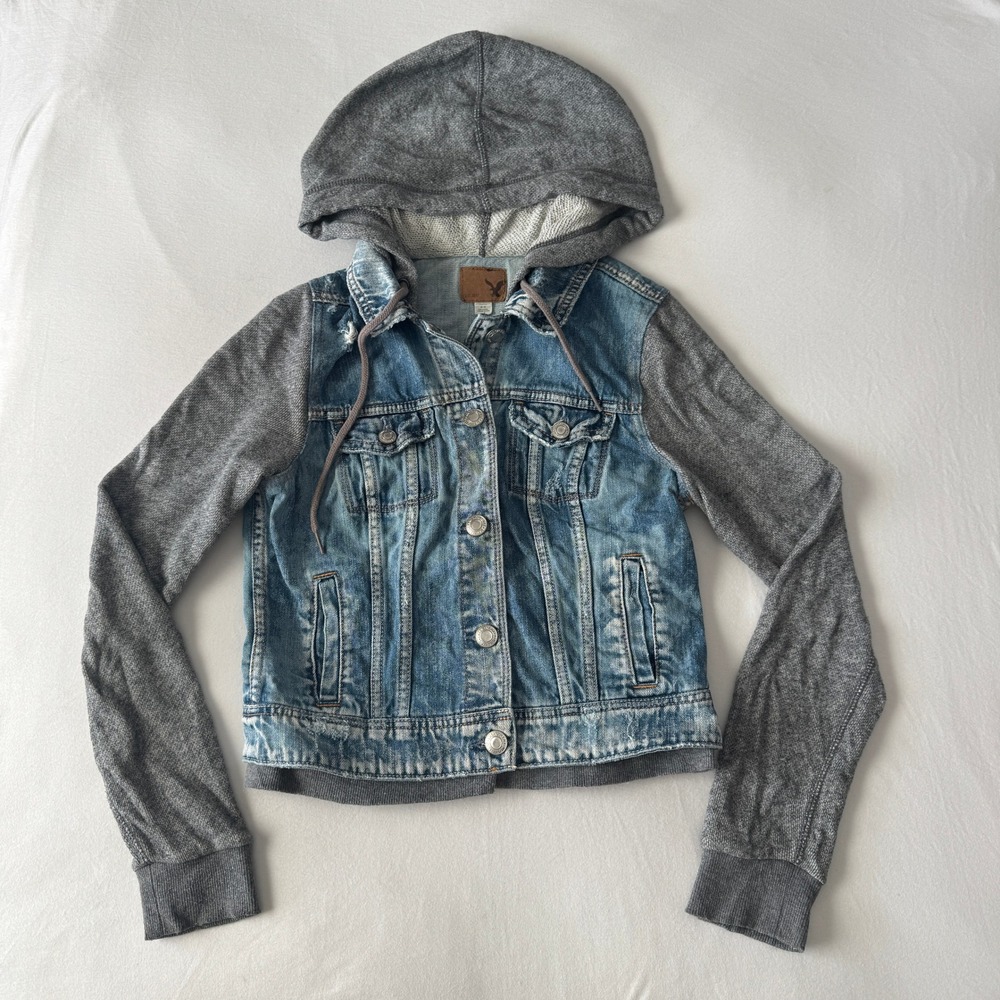American Eagle Denim Mixed Media Hooded Jacket S Gray Jersey Distressed Grunge
